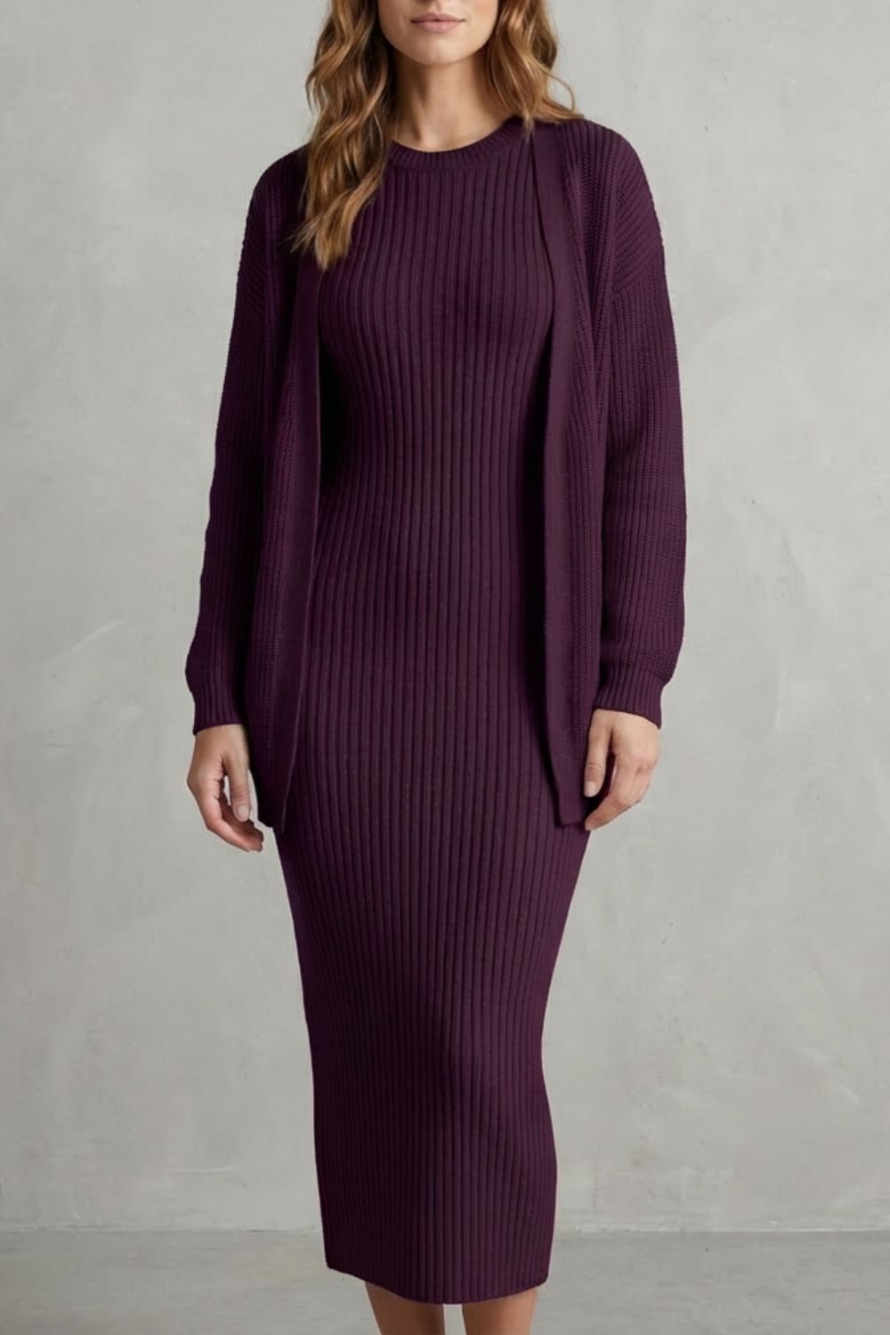 Aurelia – Conjunto Vestido Midi de Tricô Canelado – Conjunto de 2 Peças Justo com Cardigã