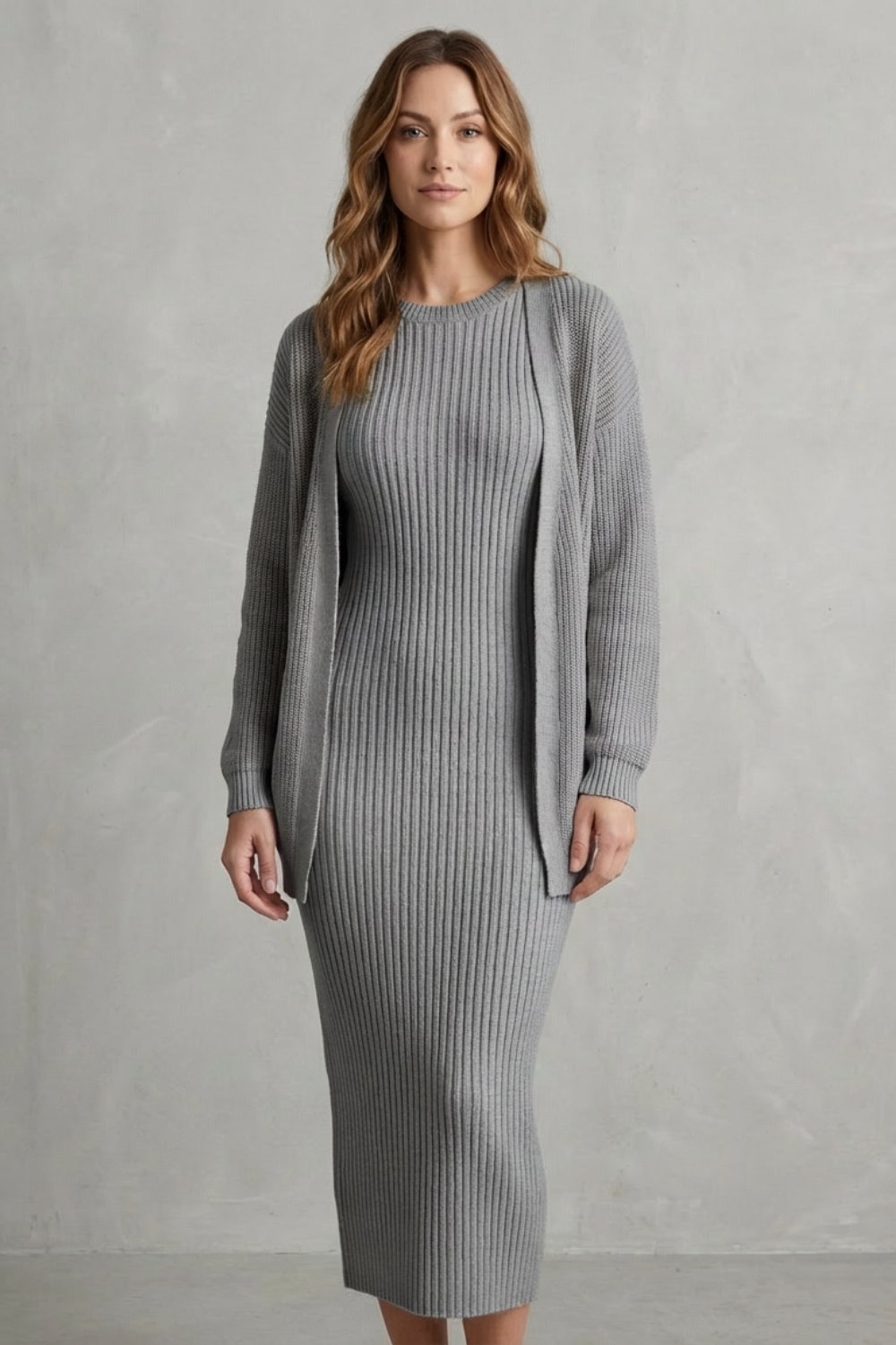 Aurelia – Conjunto Vestido Midi de Tricô Canelado – Conjunto de 2 Peças Justo com Cardigã