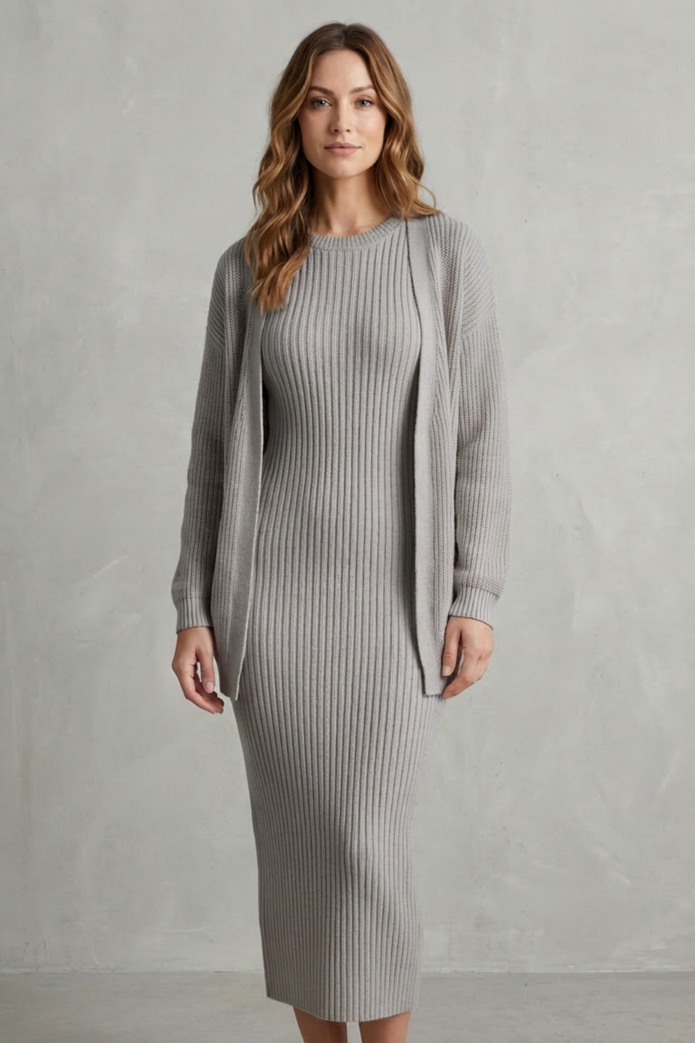 Aurelia – Conjunto Vestido Midi de Tricô Canelado – Conjunto de 2 Peças Justo com Cardigã