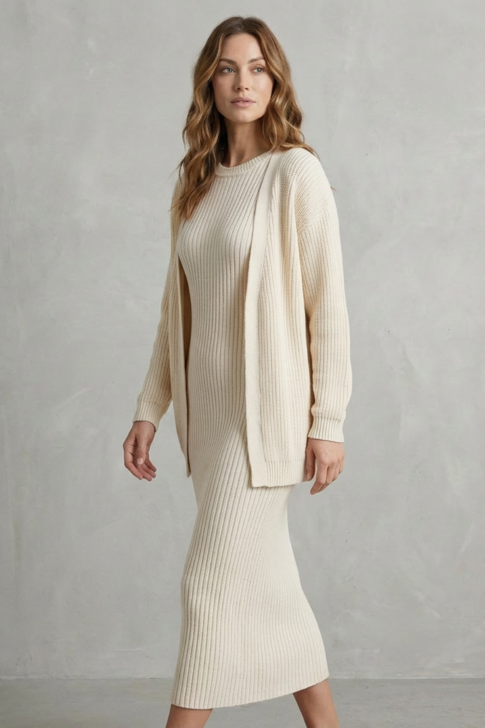 Aurelia – Conjunto Vestido Midi de Tricô Canelado – Conjunto de 2 Peças Justo com Cardigã
