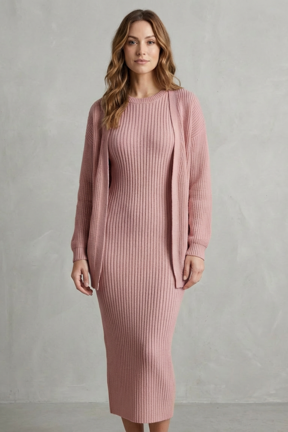 Aurelia – Conjunto Vestido Midi de Tricô Canelado – Conjunto de 2 Peças Justo com Cardigã