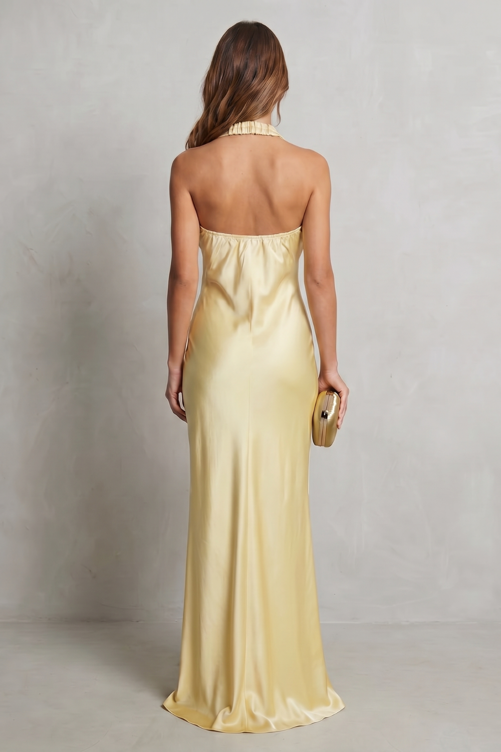 Auréliane – Elegância da hora dourada – Vestido longo de cetim ombro a ombro para noite