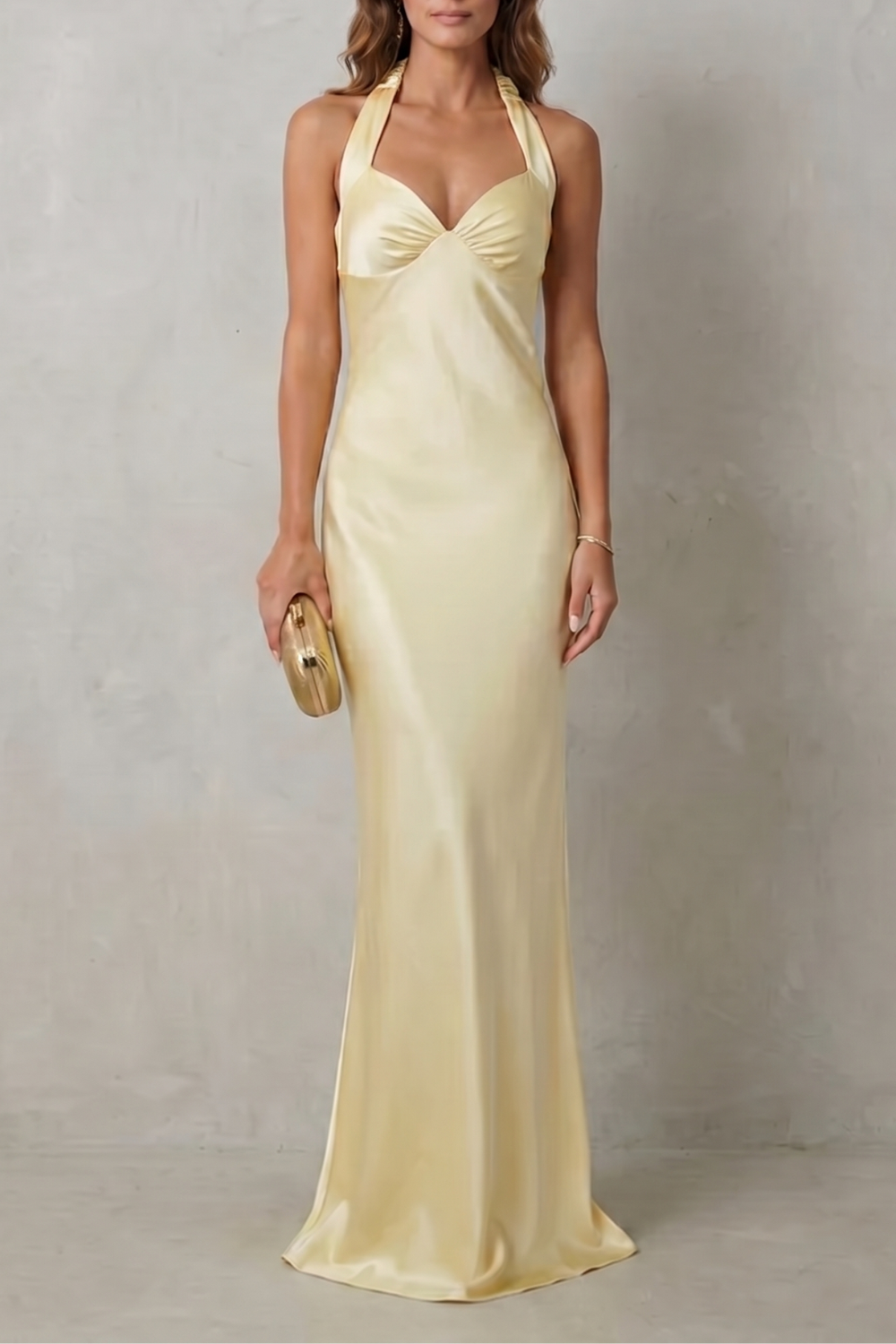 Auréliane – Elegância da hora dourada – Vestido longo de cetim ombro a ombro para noite