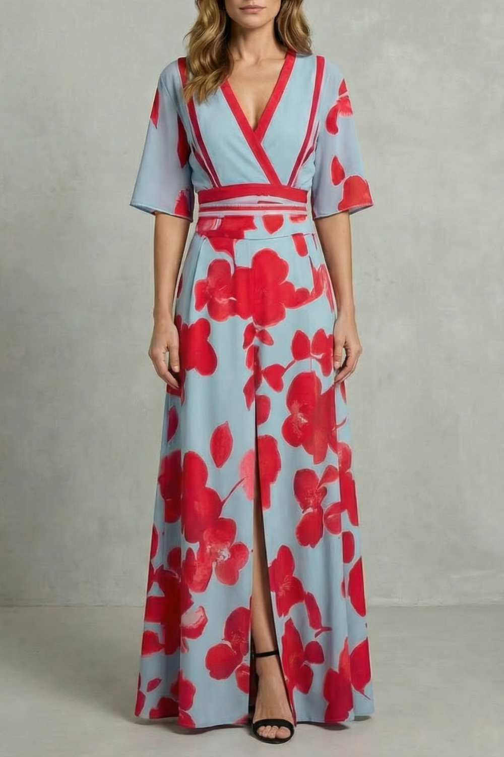 Averette – Floral marcante em contraste – Vestido longo decote V