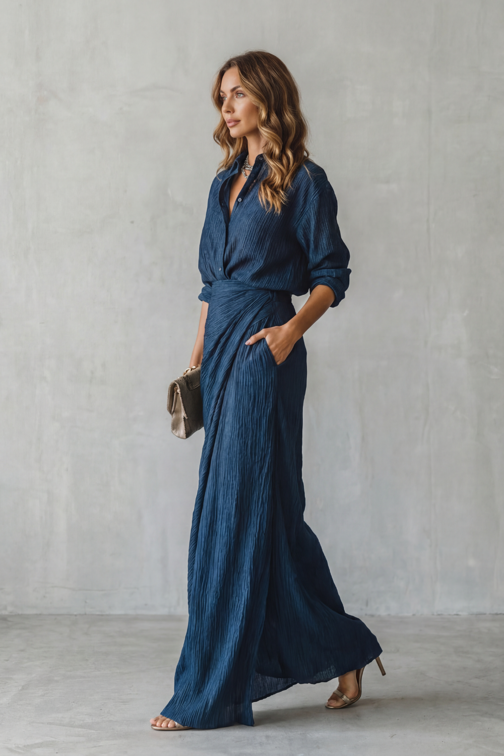 Azelline – Elegância em textura plissada – Conjunto de duas peças