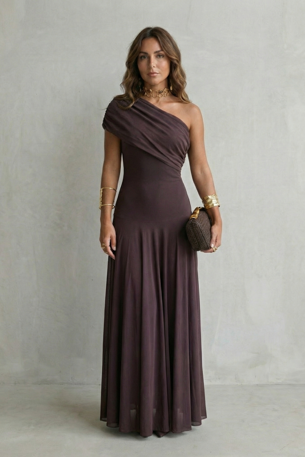 Bellamare – Decote drapeado elegante – Vestido longo ombro único