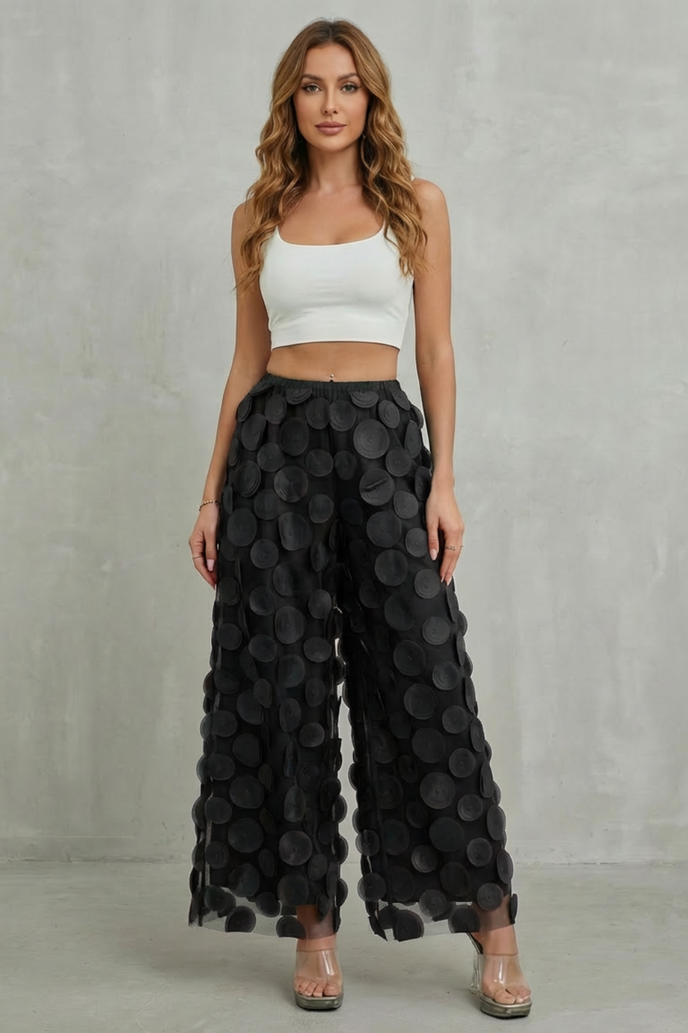 Bellaria – aplique 3D circular – Calça pantalona