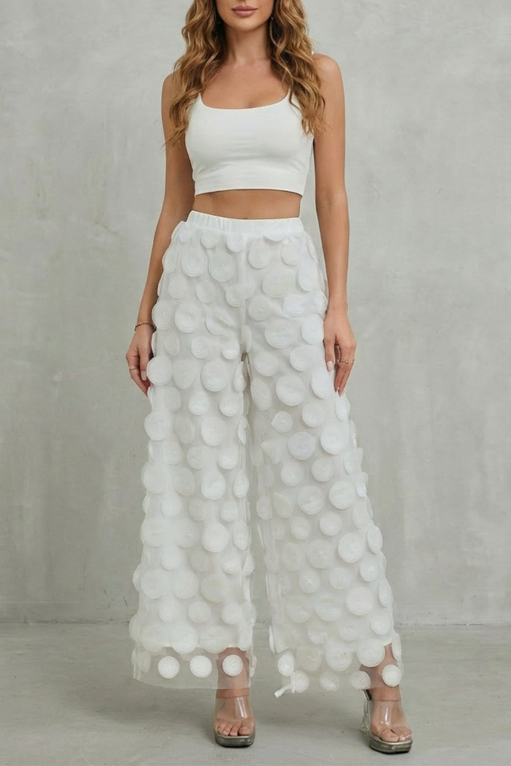 Bellaria – aplique 3D circular – Calça pantalona