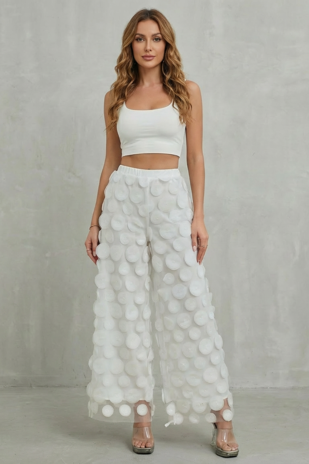 Bellaria – aplique 3D circular – Calça pantalona