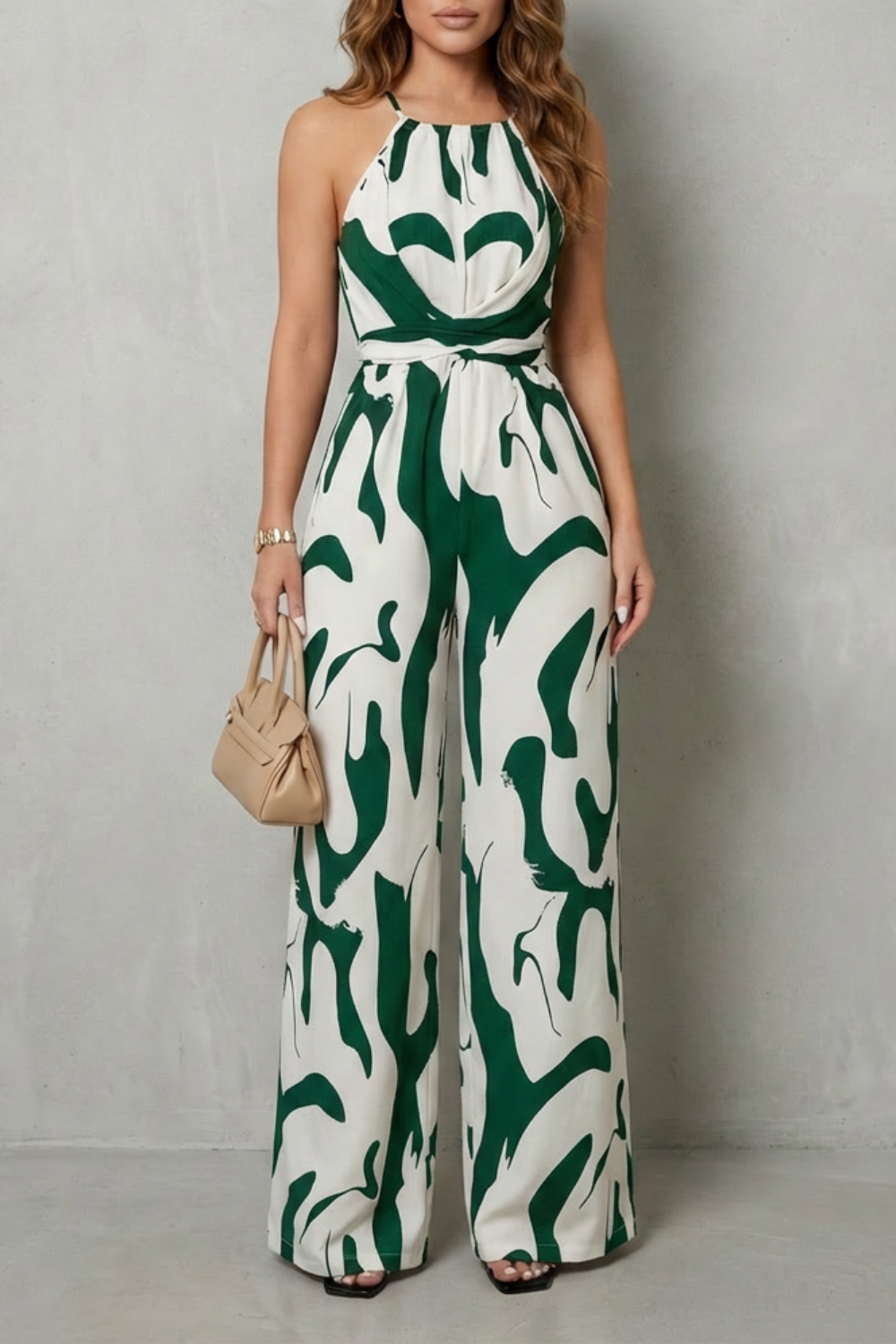 Calivana – Macacão pantalona frente única com estampa abstrata