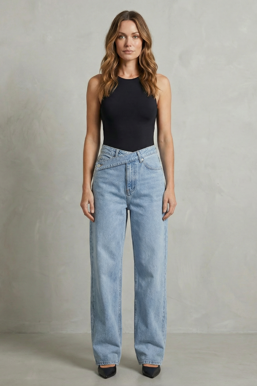 Casila – Fechamento assimétrico – Calça jeans reta