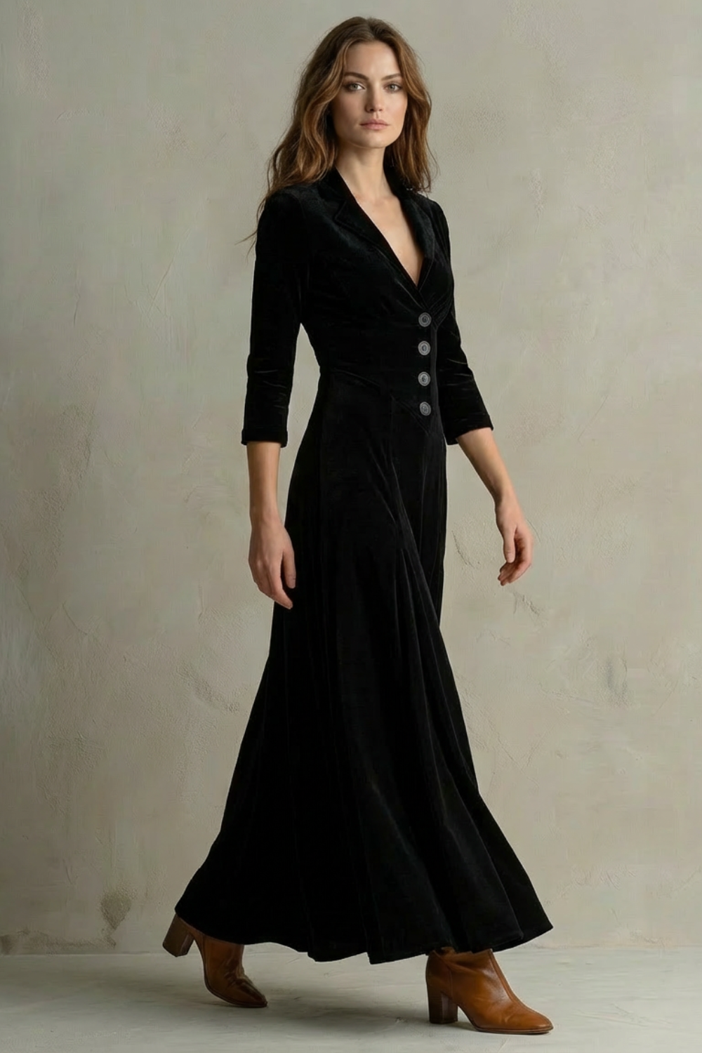 Celeste – Vestido Longo de Veludo Vintage – Saia Evasê Elegante com Botões e Gola com Lapela