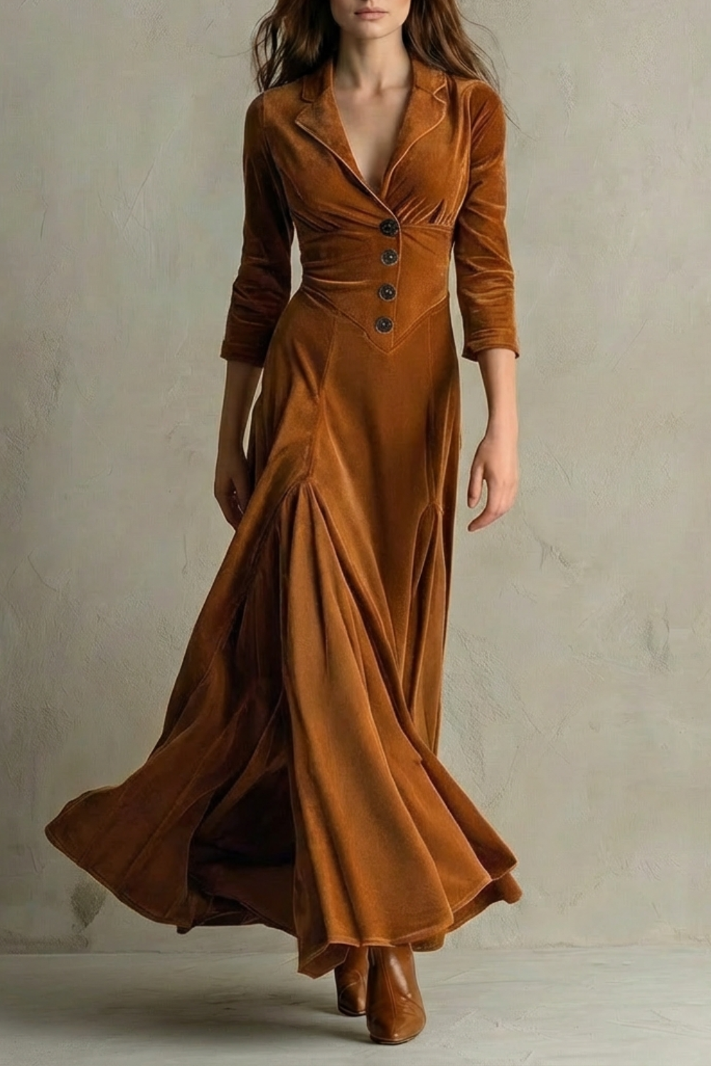 Celeste – Vestido Longo de Veludo Vintage – Saia Evasê Elegante com Botões e Gola com Lapela