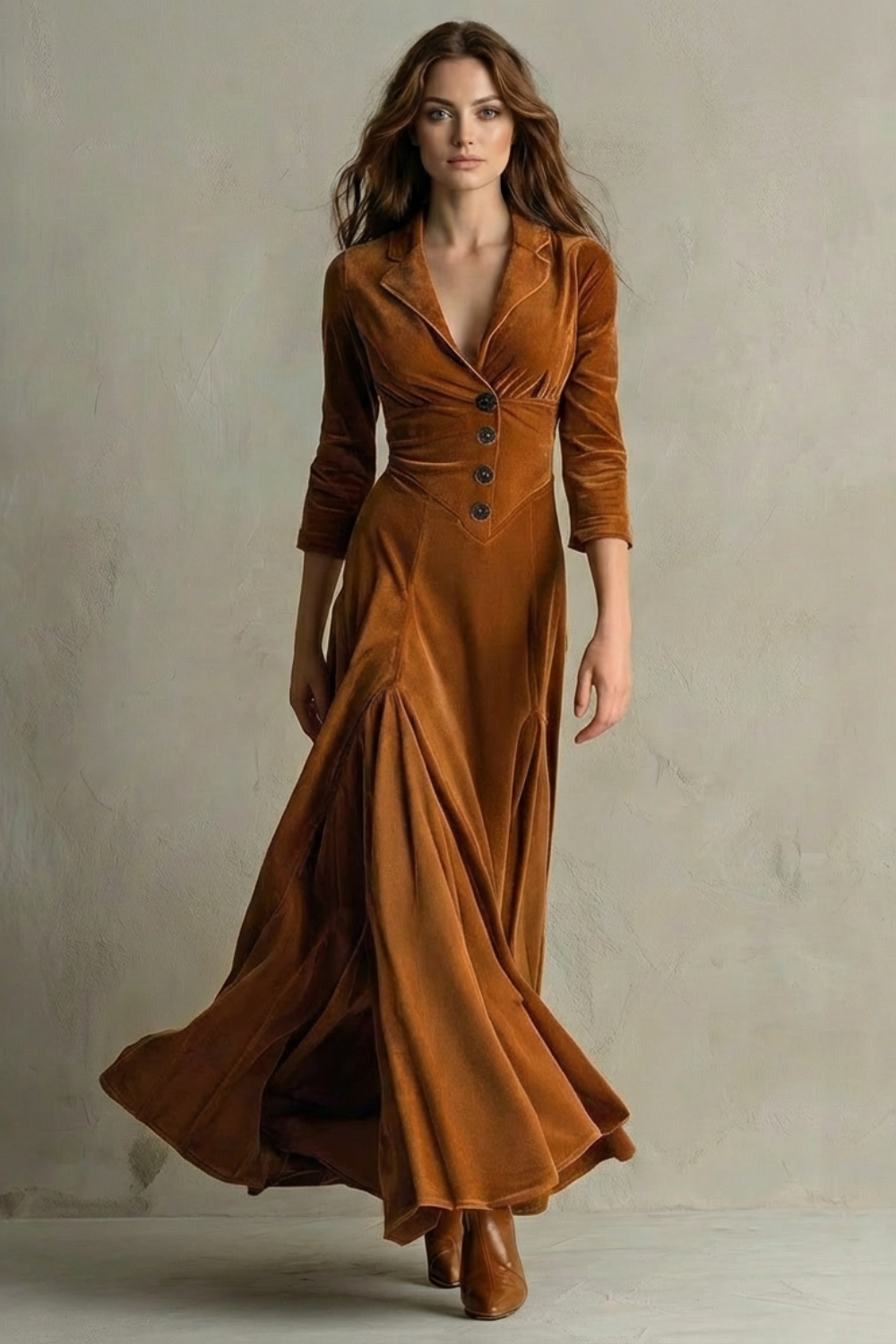 Celeste – Vestido Longo de Veludo Vintage – Saia Evasê Elegante com Botões e Gola com Lapela