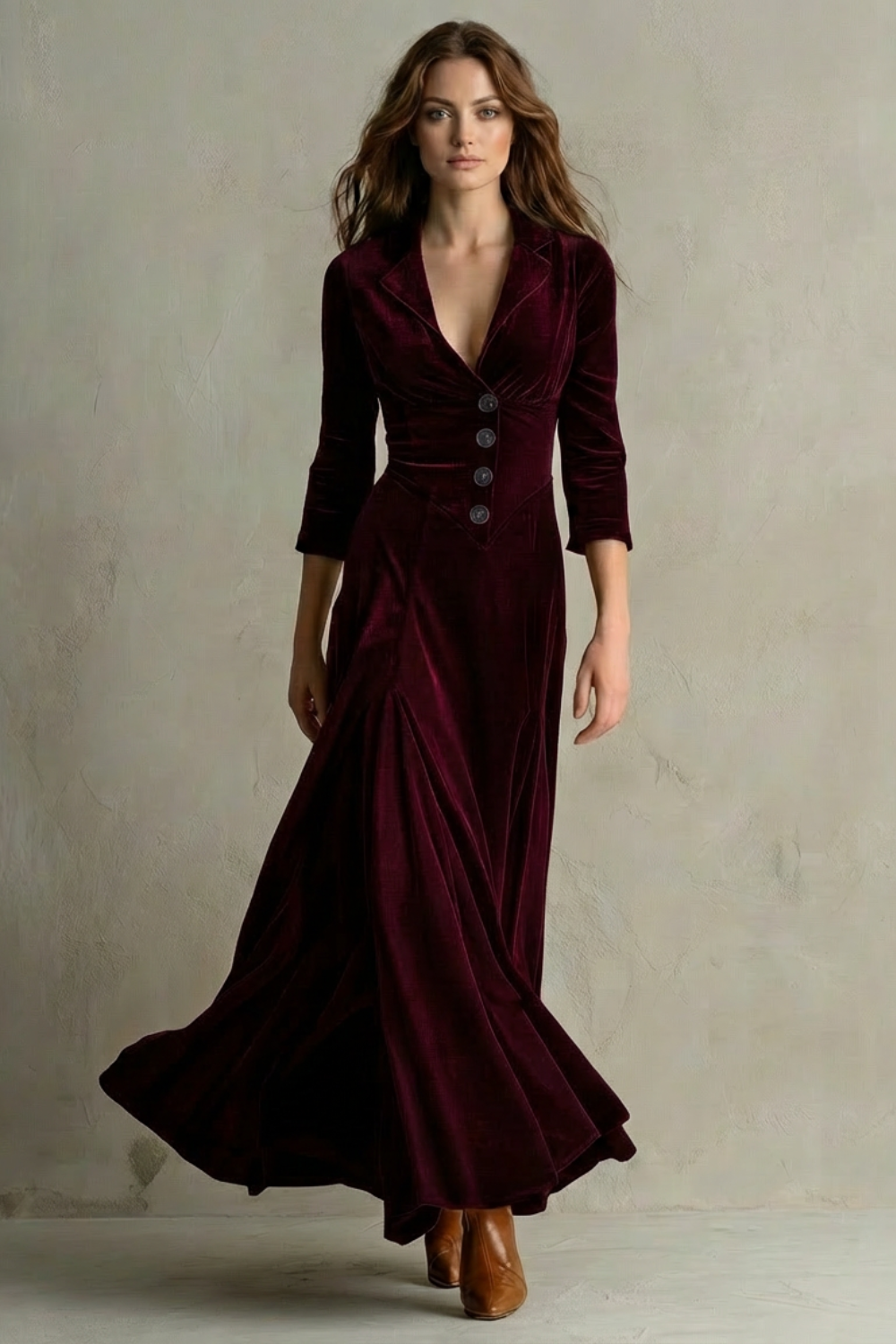 Celeste – Vestido Longo de Veludo Vintage – Saia Evasê Elegante com Botões e Gola com Lapela