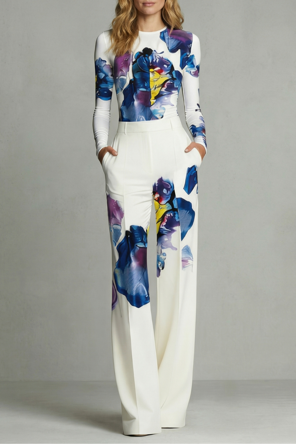 Celestique – Elegância artística em bloco de cores – Conjunto de top e calça