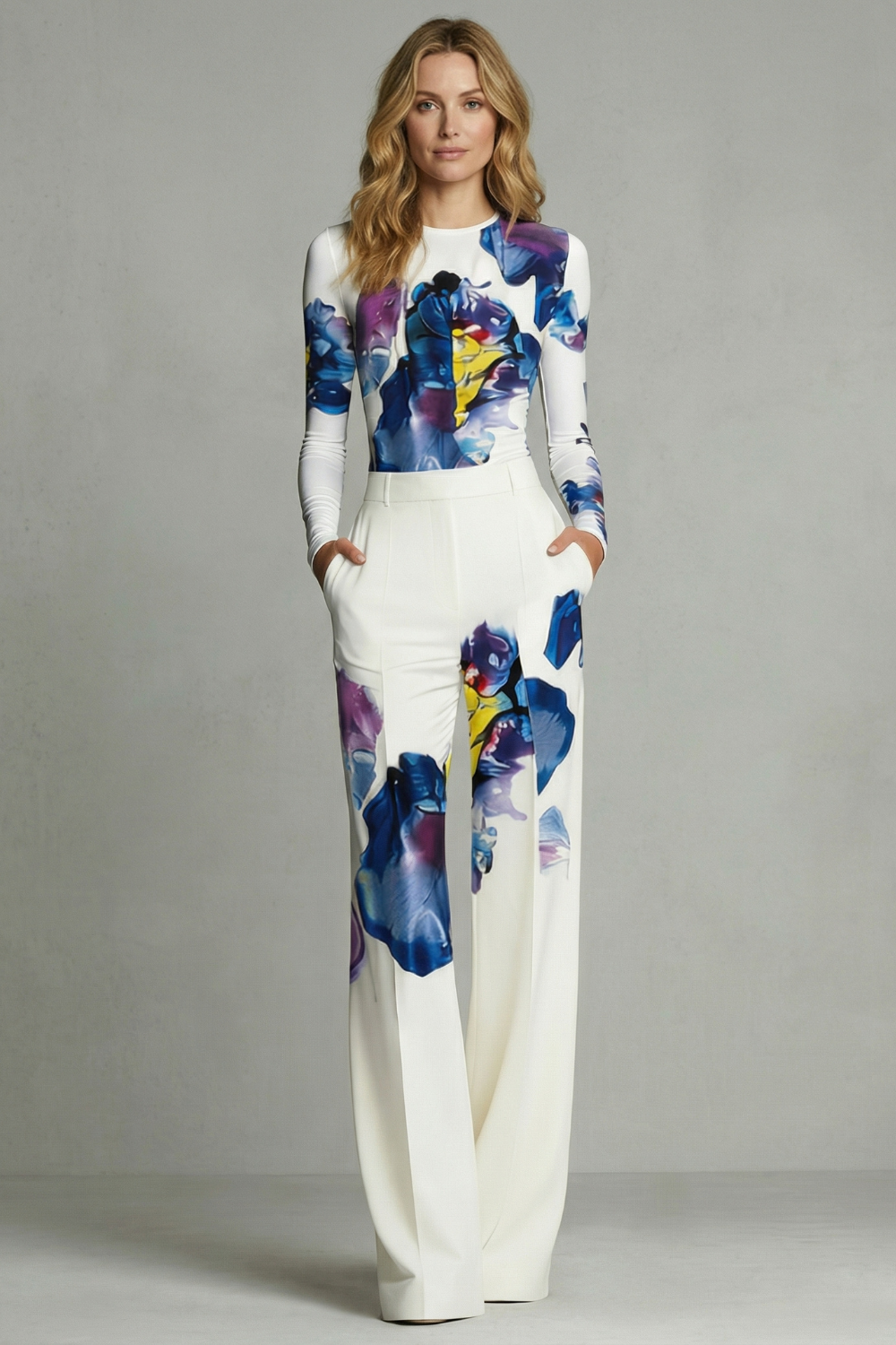 Celestique – Elegância artística em bloco de cores – Conjunto de top e calça