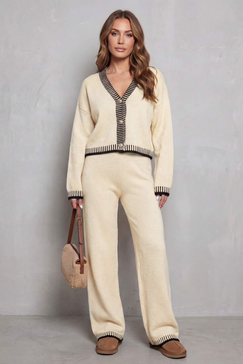 Cerivelle – Barra de contraste – Conjunto loungewear de tricô