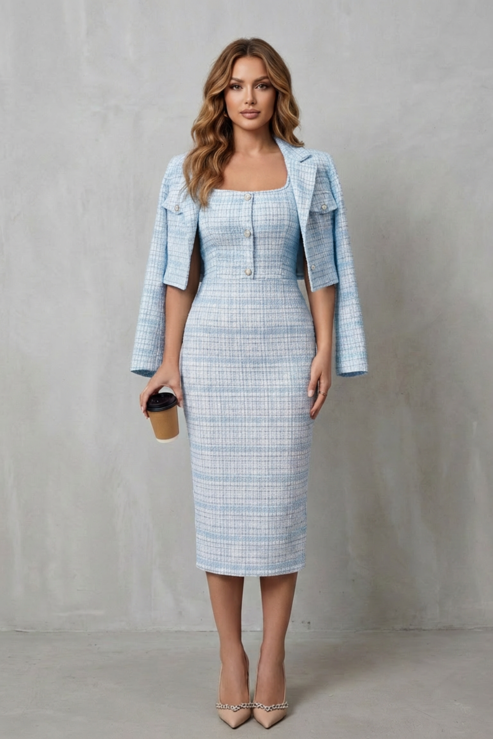 Bellaisie – Alfaiataria xadrez elegante – Conjunto vestido midi duas peças