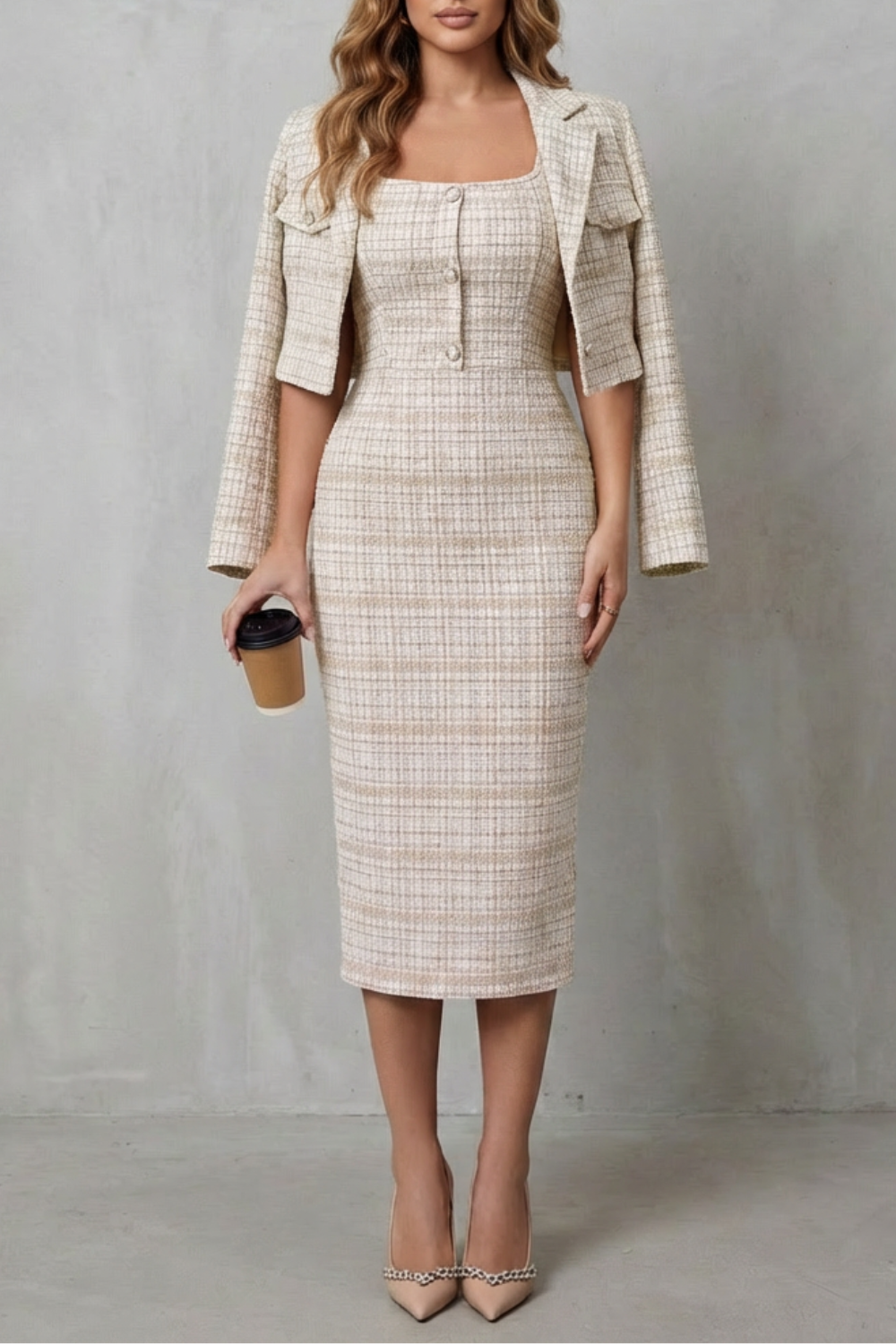 Bellaisie – Alfaiataria xadrez elegante – Conjunto vestido midi duas peças
