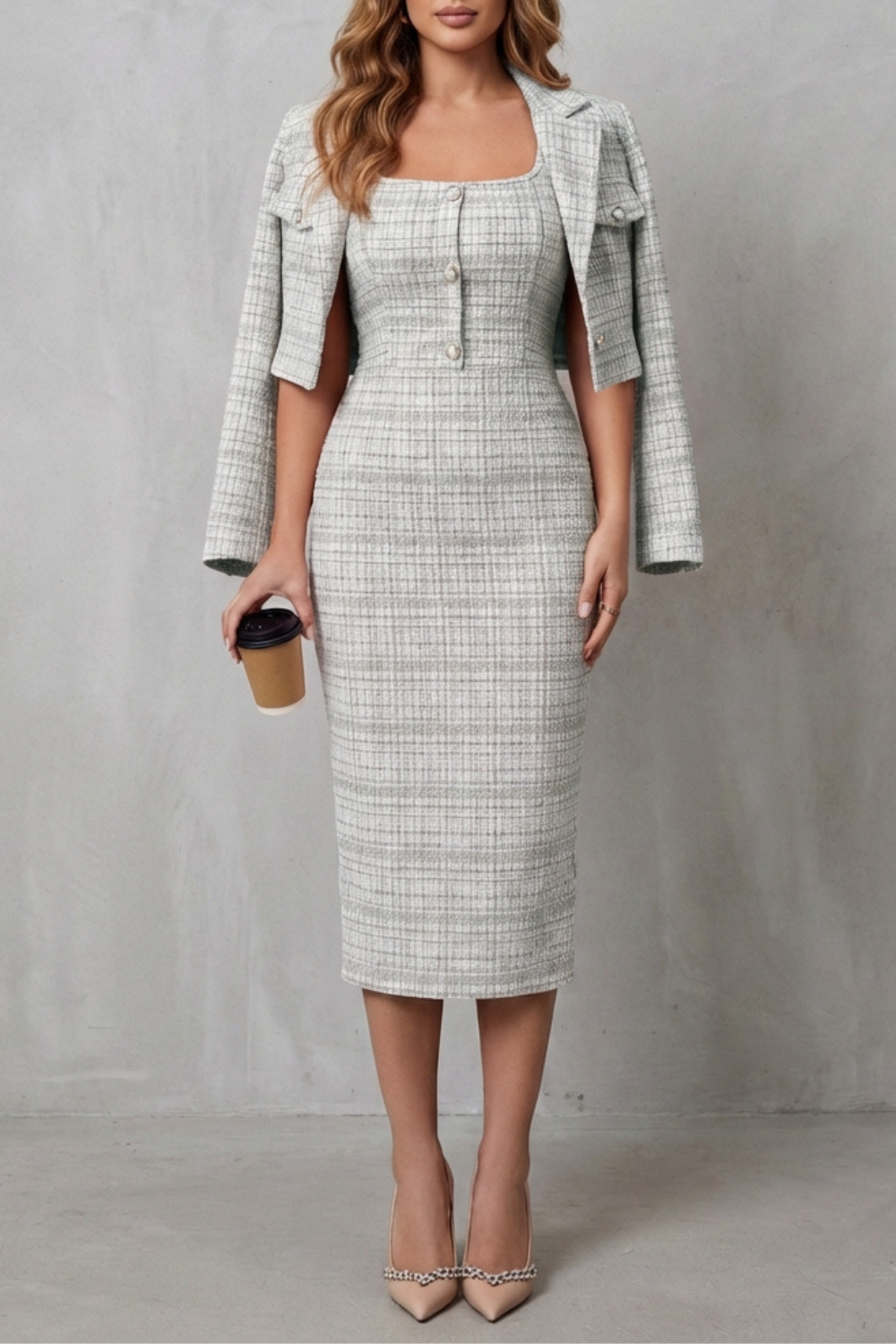 Bellaisie – Alfaiataria xadrez elegante – Conjunto vestido midi duas peças