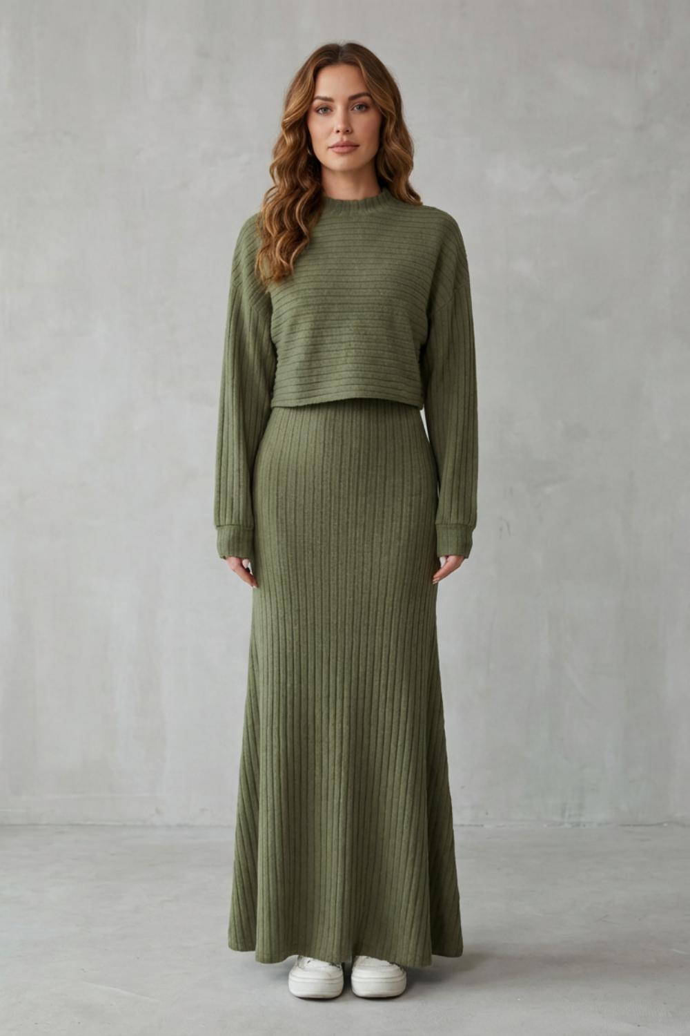 Clara – Conjunto de Malha Canelada 2 em 1 – Vestido Longo & Cropped
