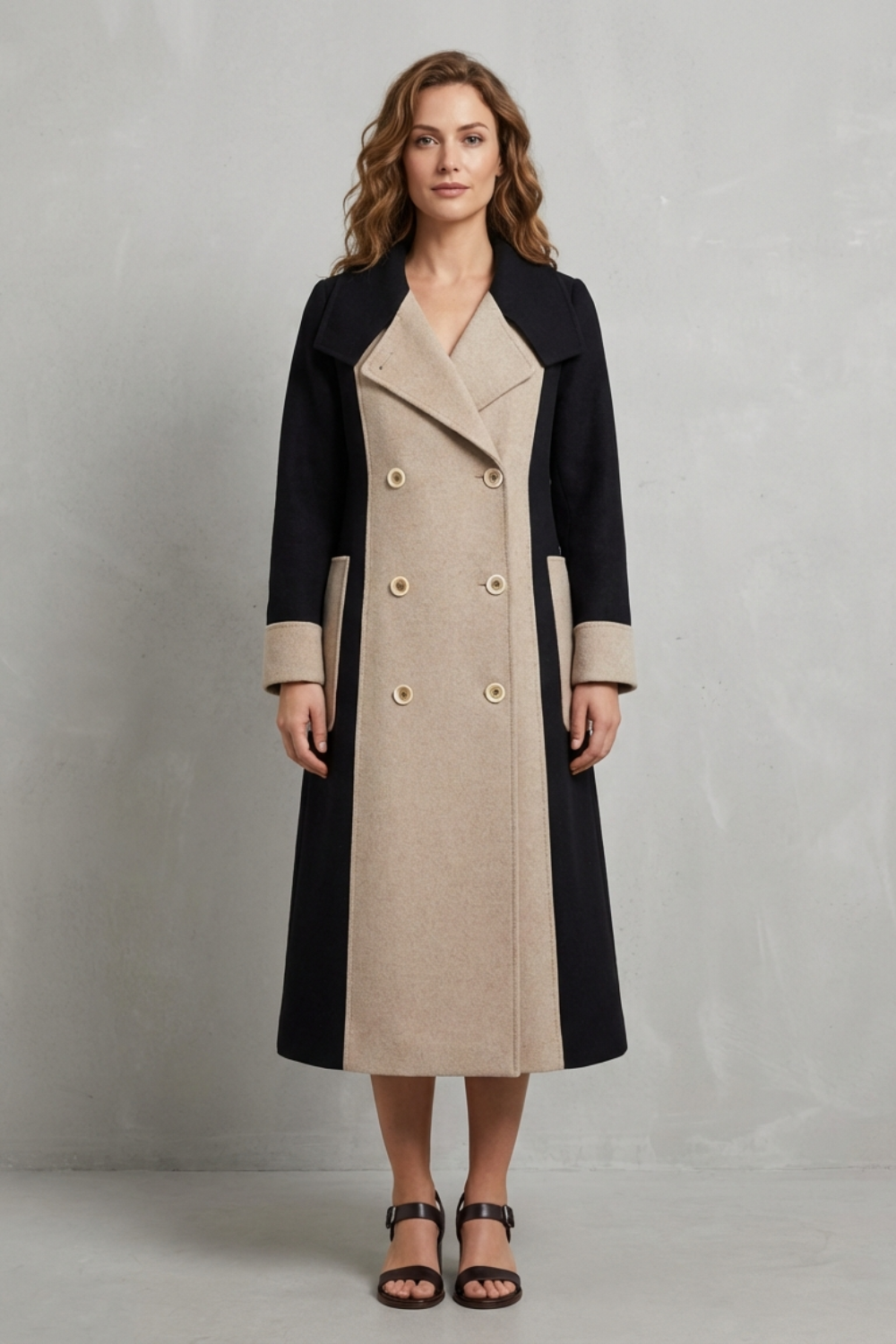 Clara – Casaco de Lã com Cores Contrastantes – Sobretudo Elegante Estilo Hepburn