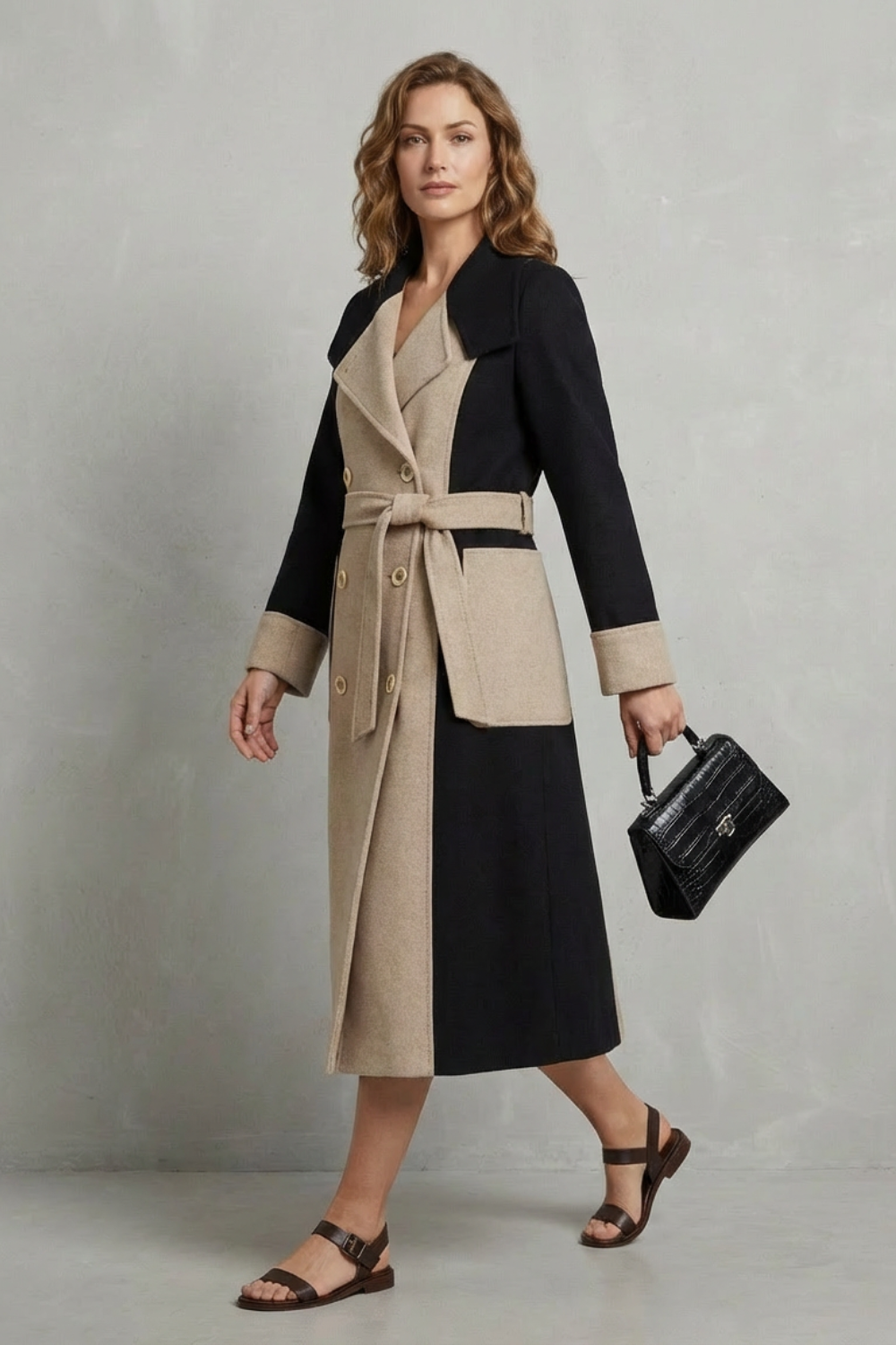 Clara – Casaco de Lã com Cores Contrastantes – Sobretudo Elegante Estilo Hepburn