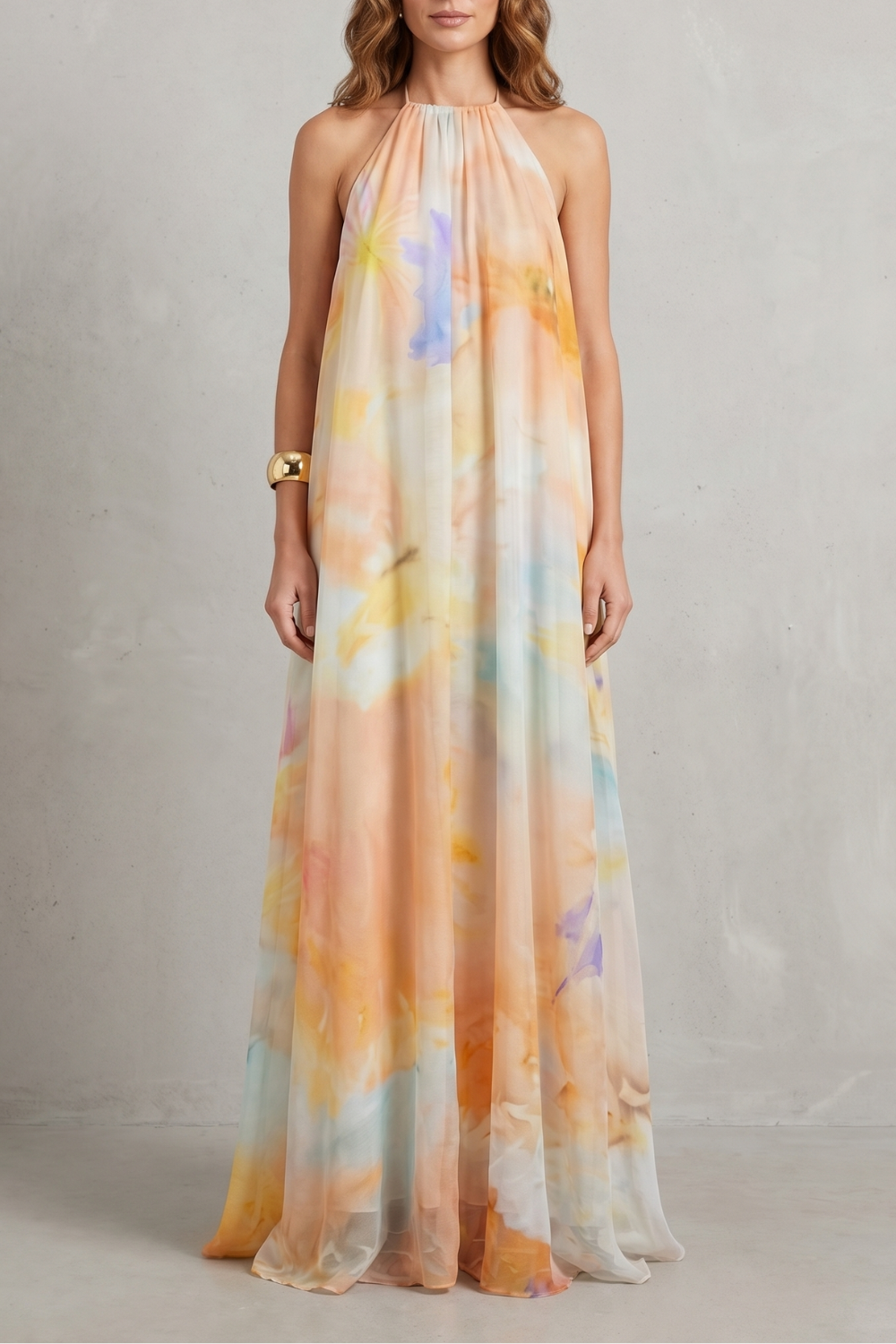 Corinelle – Elegância frente única aquarela – Vestido longo