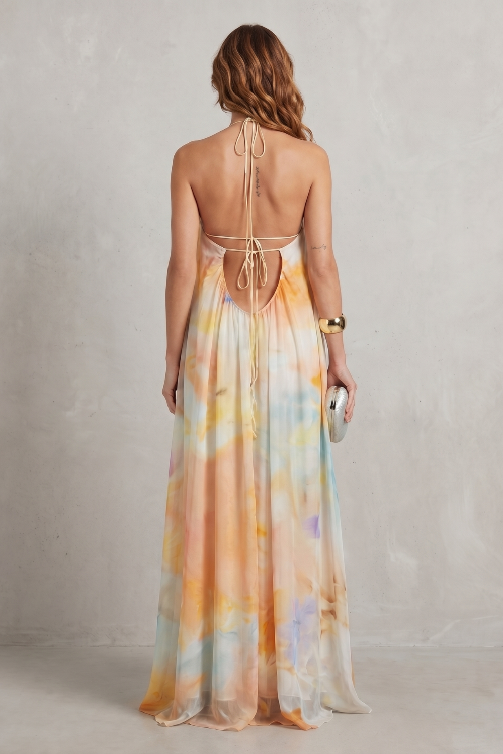 Corinelle – Elegância frente única aquarela – Vestido longo