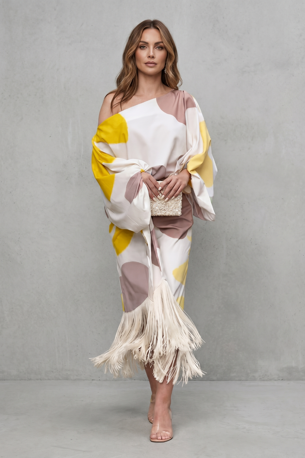 Danivelle – Elegância de franjas com estampa abstrata – Conjunto de duas peças