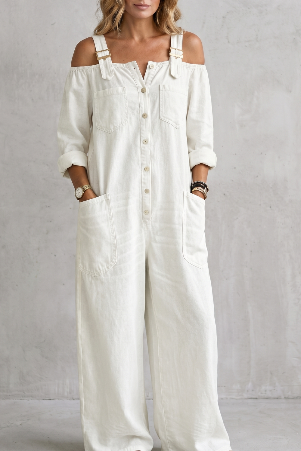Denimora – Charme utilitário off-shoulder – Macacão de perna larga