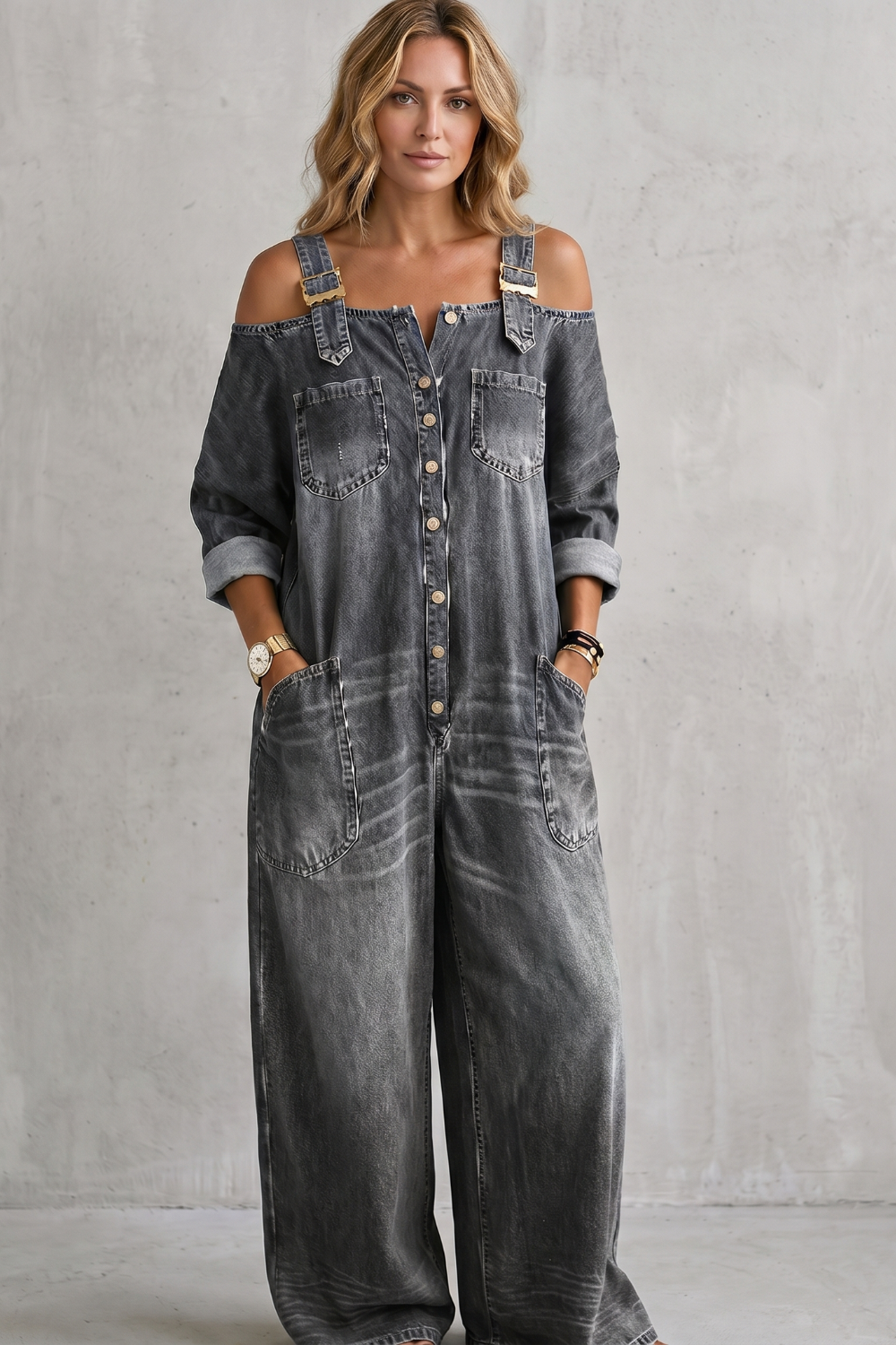 Denimora – Charme utilitário off-shoulder – Macacão de perna larga