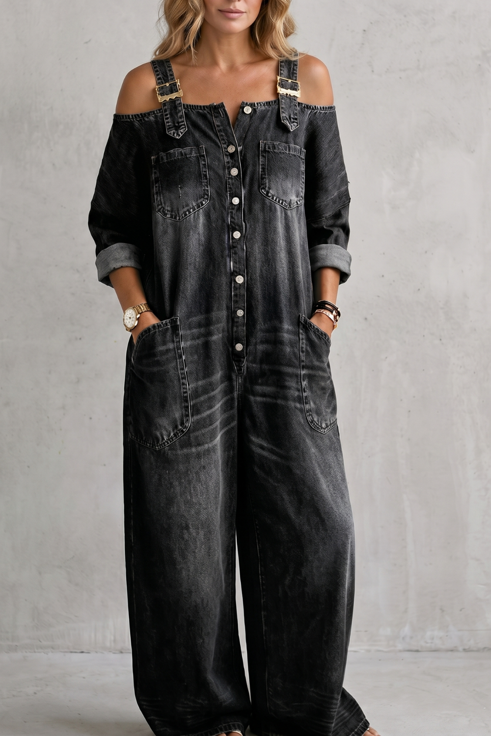 Denimora – Charme utilitário off-shoulder – Macacão de perna larga