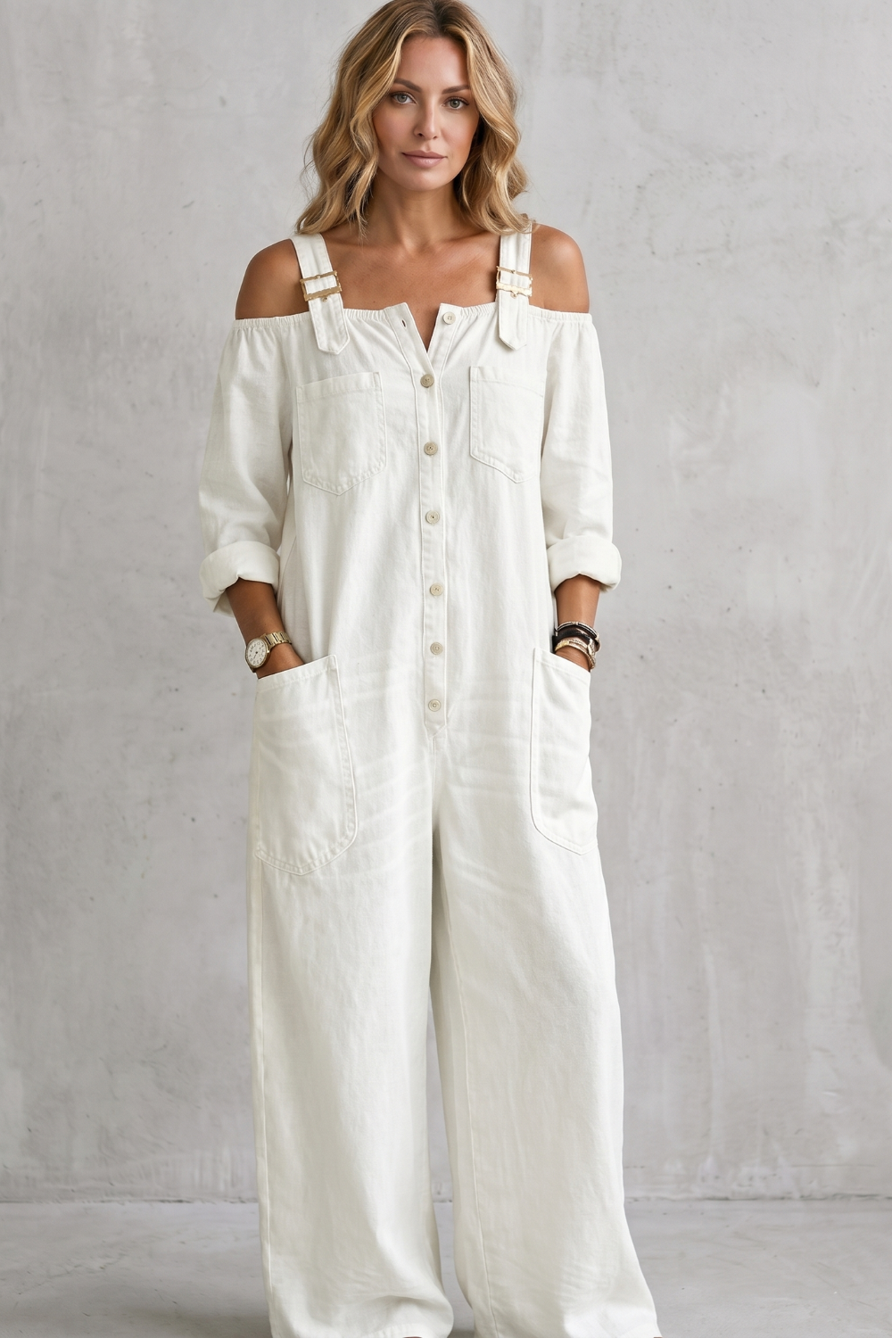 Denimora – Charme utilitário off-shoulder – Macacão de perna larga