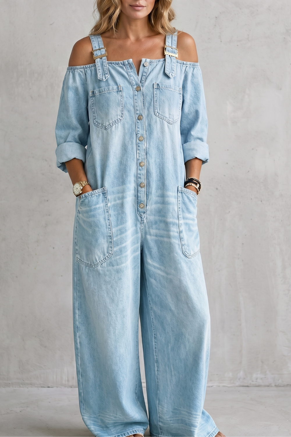 Denimora – Charme utilitário off-shoulder – Macacão de perna larga