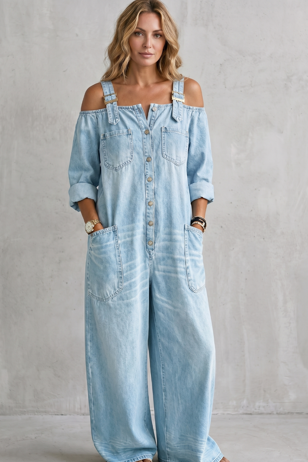 Denimora – Charme utilitário off-shoulder – Macacão de perna larga