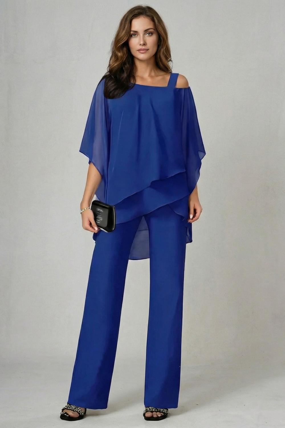 Élaria – Fluidez em chiffon assimétrico – Conjunto de top e calça