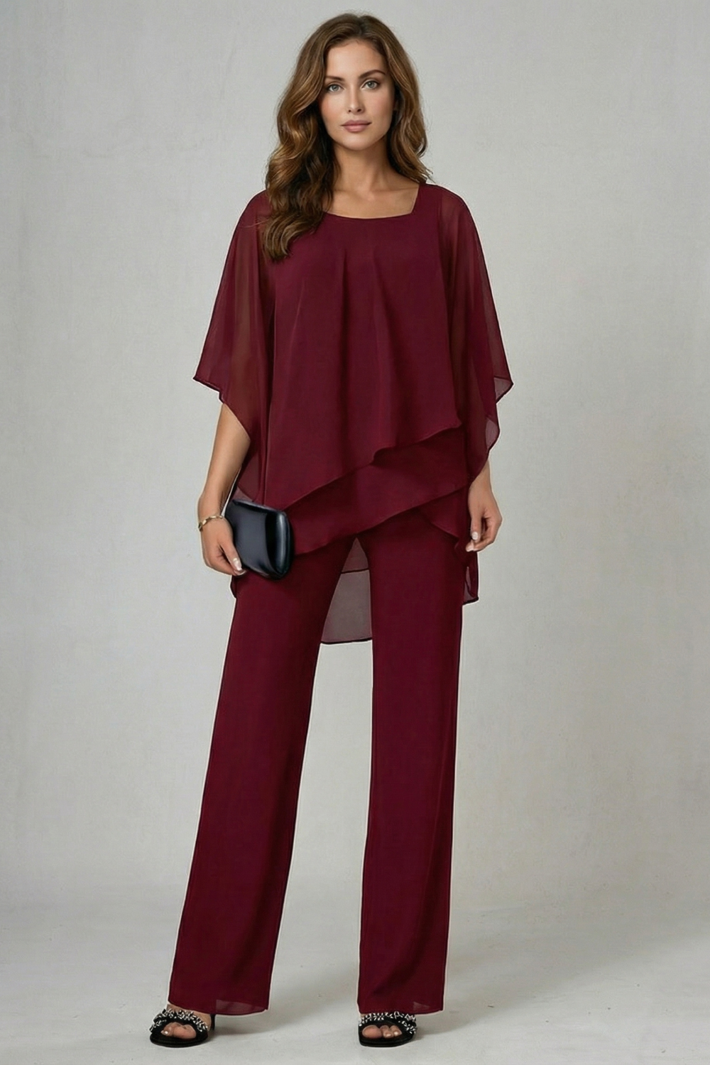 Élaria – Fluidez em chiffon assimétrico – Conjunto de top e calça