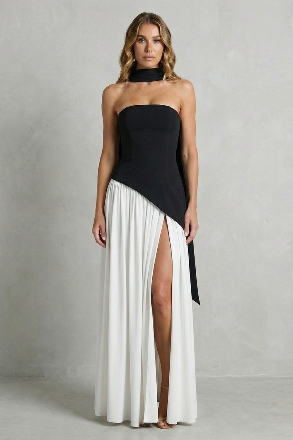 Elarisse – Drapeado assimétrico – Vestido de festa tomara que caia
