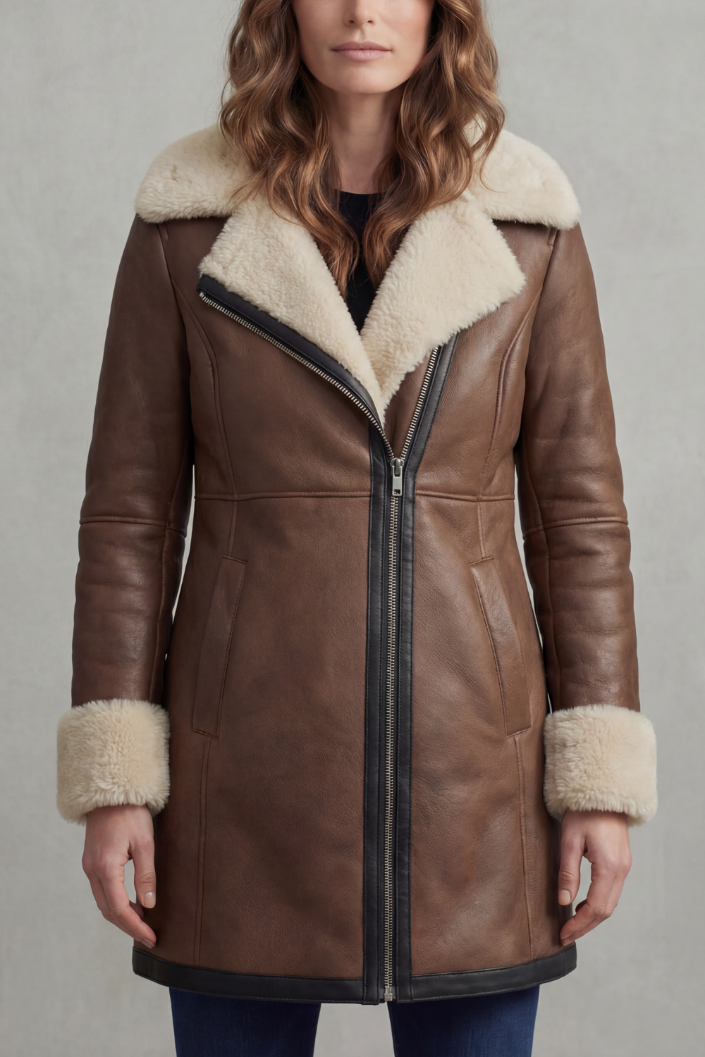 Elisara – Gola de shearling – Casaco de couro de inverno