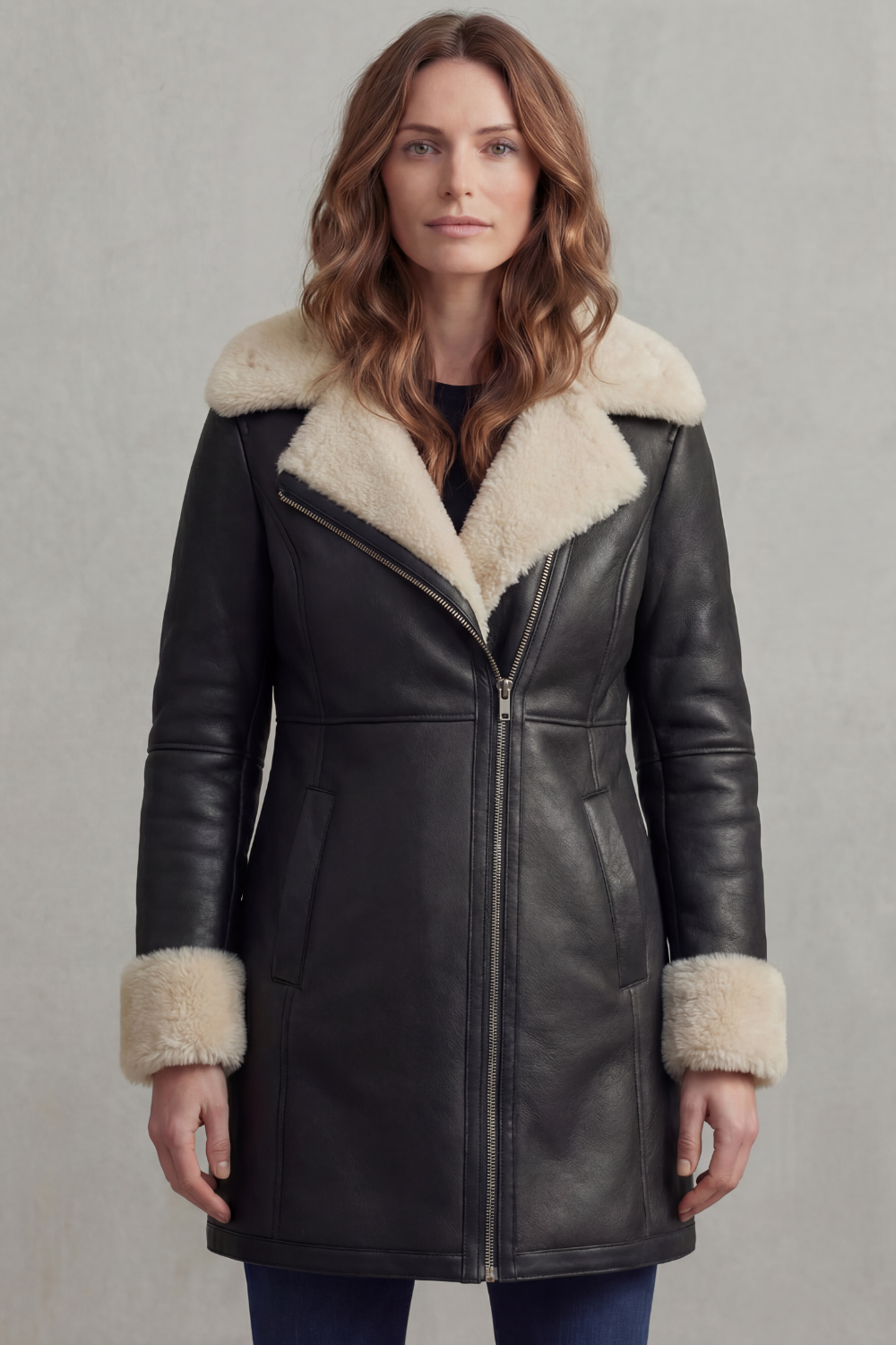 Elisara – Gola de shearling – Casaco de couro de inverno