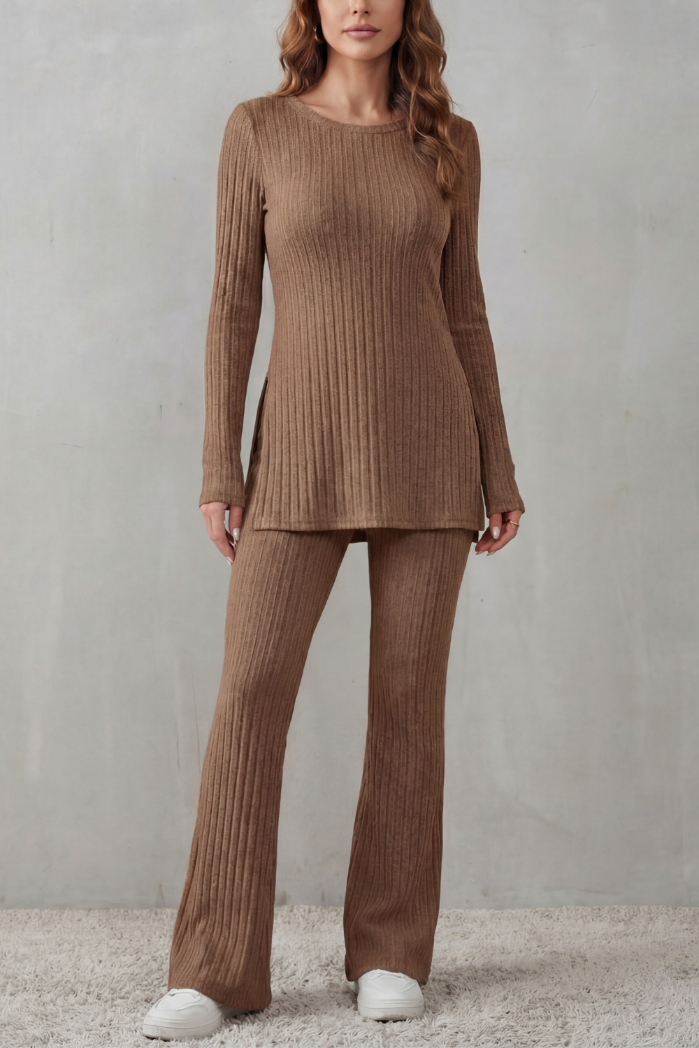 Elisianne – Elegância canelada – Conjunto de malha lounge
