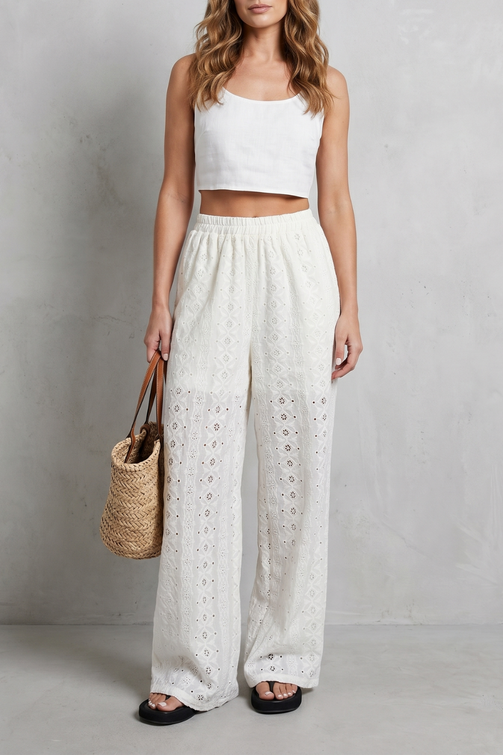Élodienne – Broderie anglaise graça – Calças de perna larga