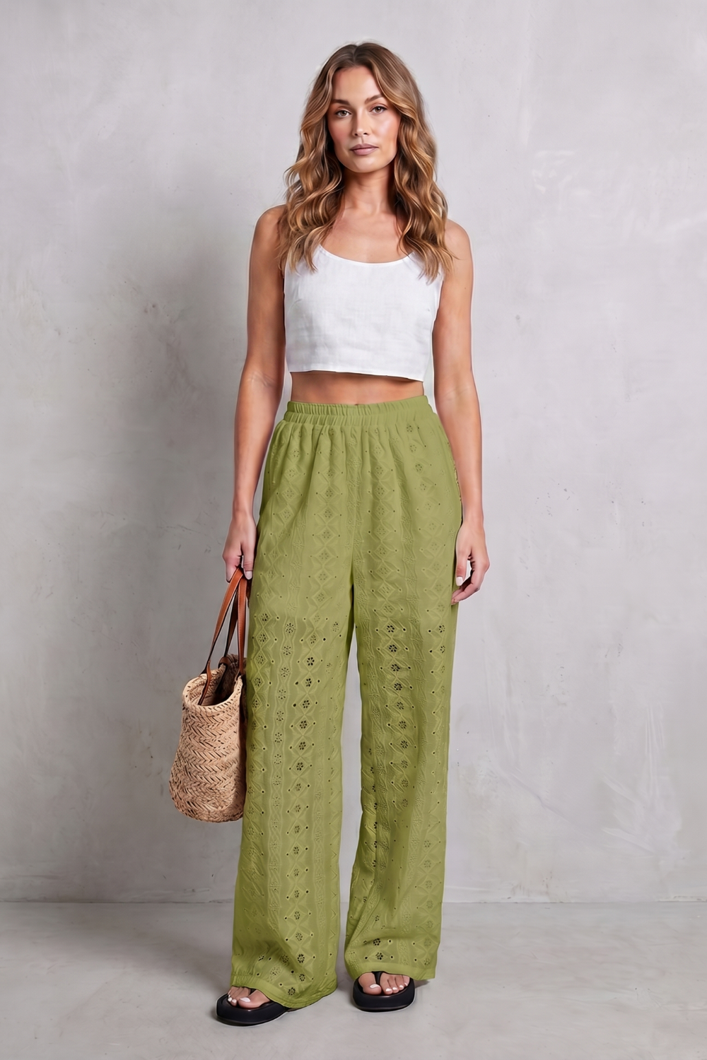 Élodienne – Broderie anglaise graça – Calças de perna larga