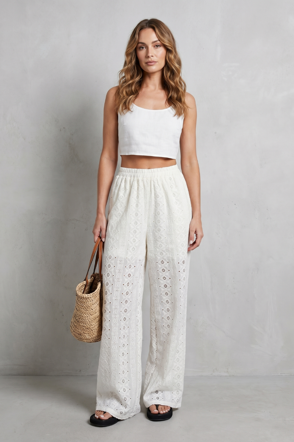 Élodienne – Broderie anglaise graça – Calças de perna larga