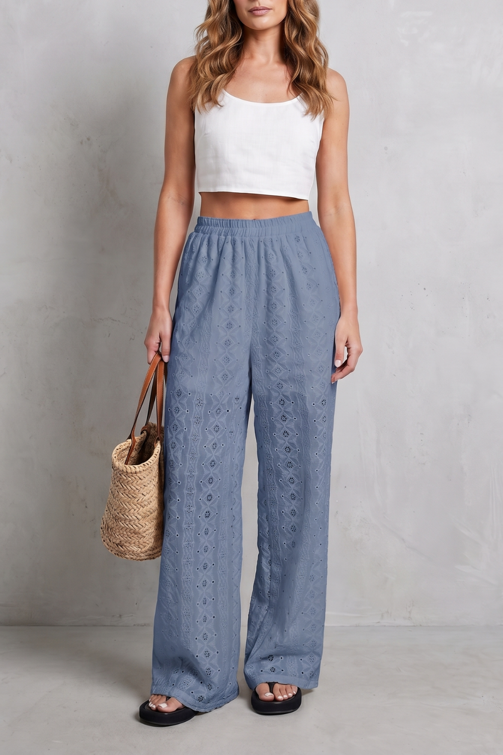 Élodienne – Broderie anglaise graça – Calças de perna larga