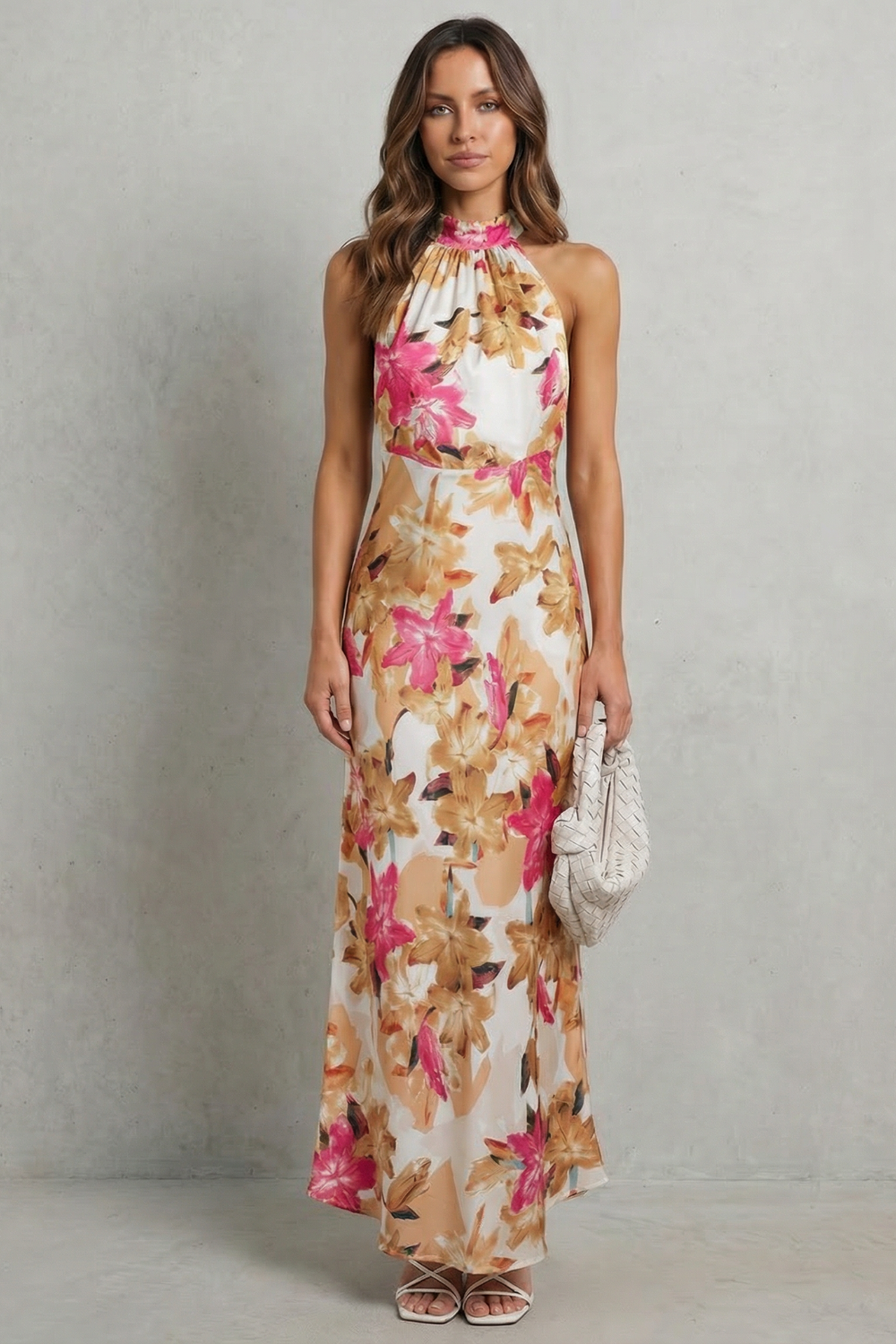 Emberelle – Elegância floral frente única – Vestido longo
