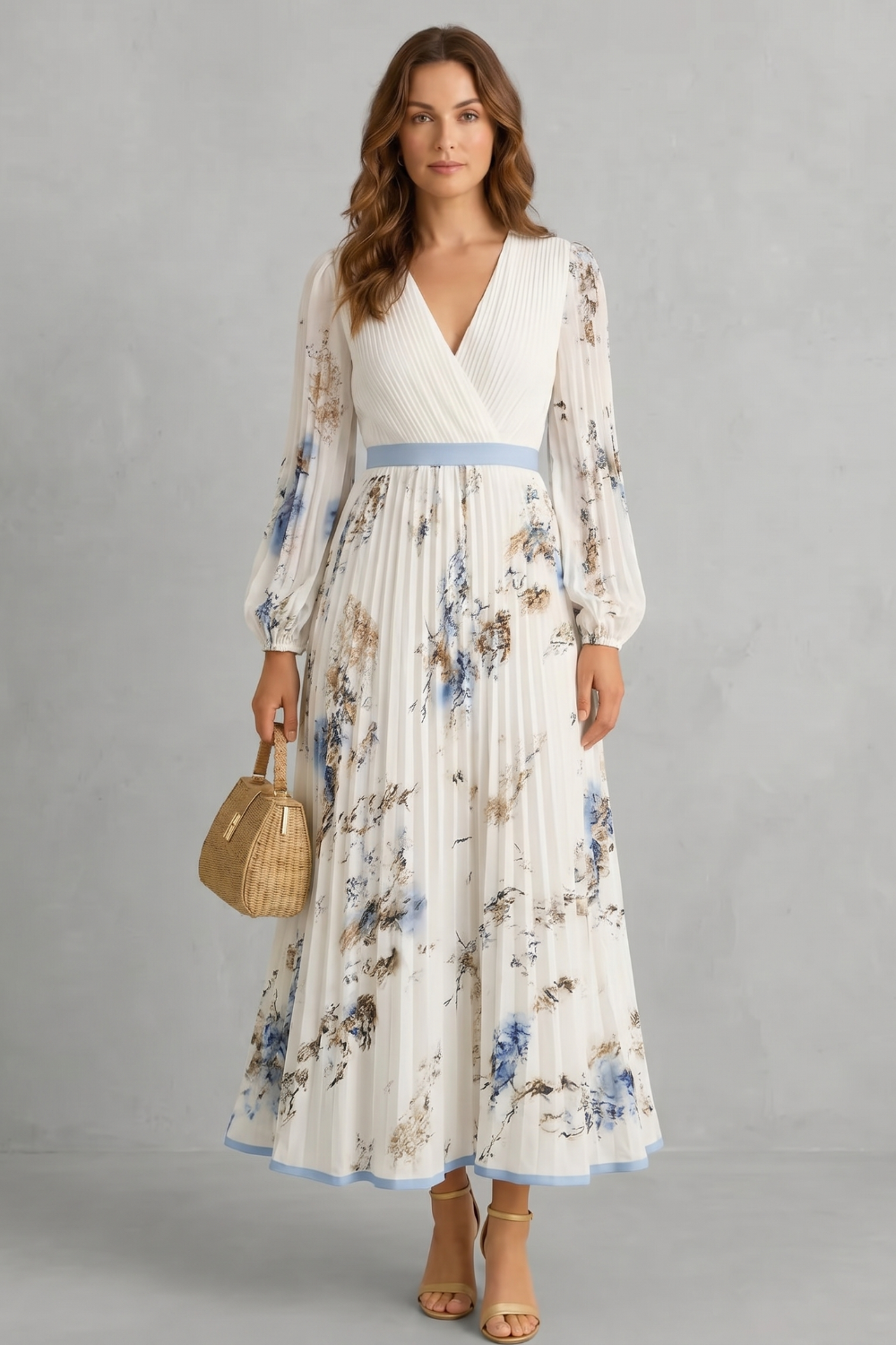 Esméline – Pregas românticas – Vestido longo floral