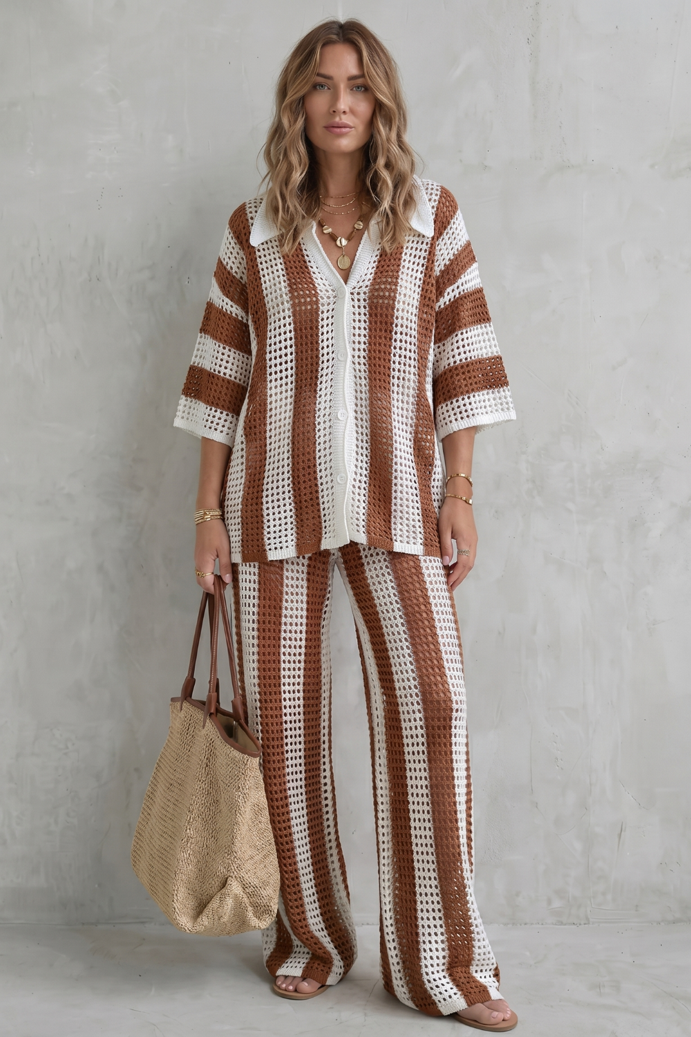 Evarisse – Textura de crochê listrada – Conjunto de verão